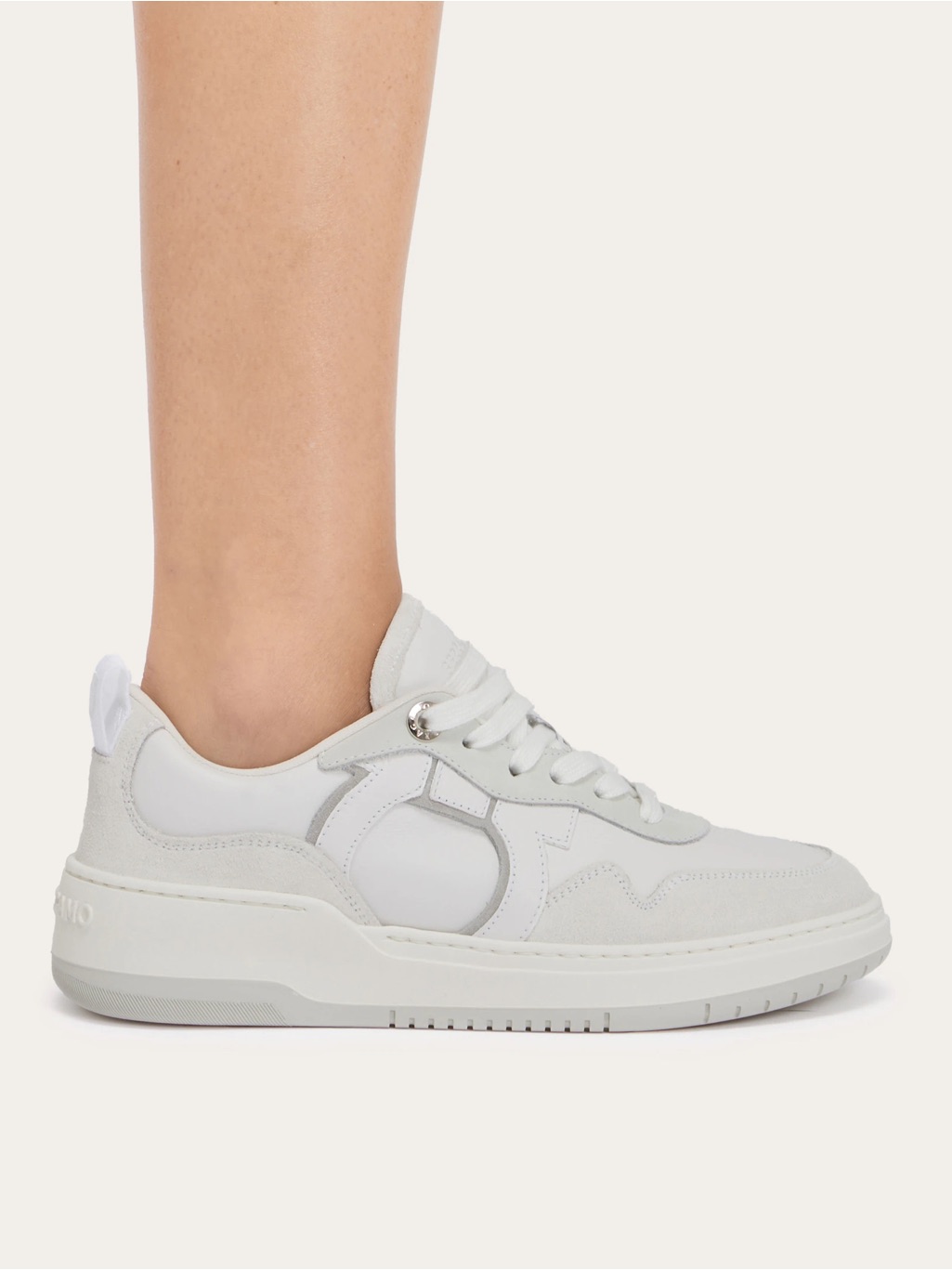 Ferragamo Gancini Leather Dania Lace-Up Low Top Sneakers White $895